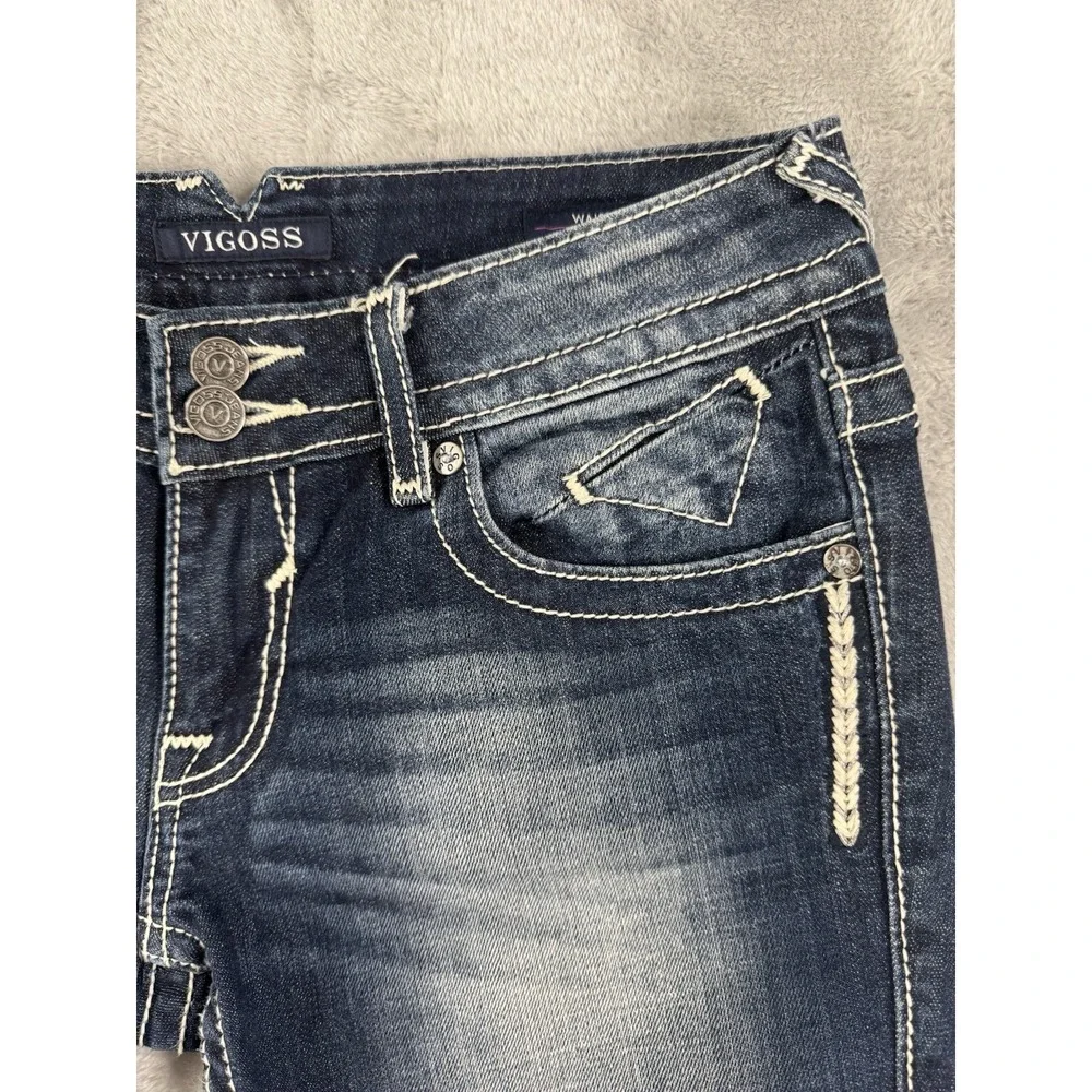 Vigoss Capri Jeans Womens W27 L21 Dublin Thick Stitch Embellished Whiskered Blue
